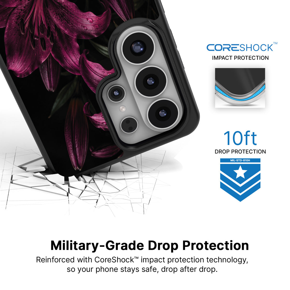 Burgundy Lily Samsung Galaxy S26 Ultra case with 10ft military-grade drop protection