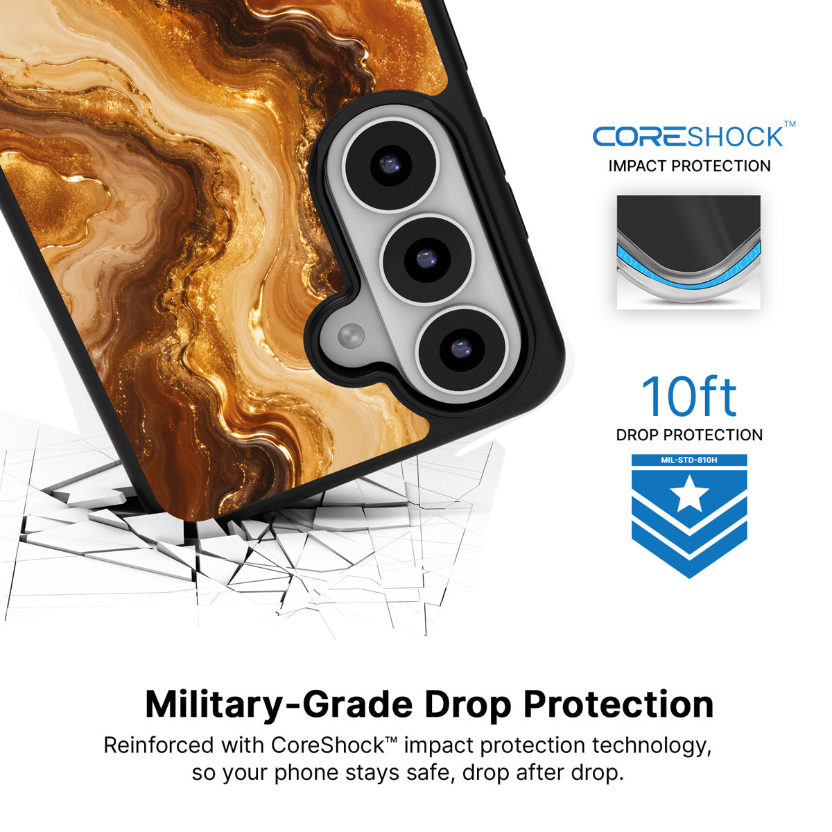 Caramel Swirl Samsung Galaxy S26 case with 10ft military-grade drop protection