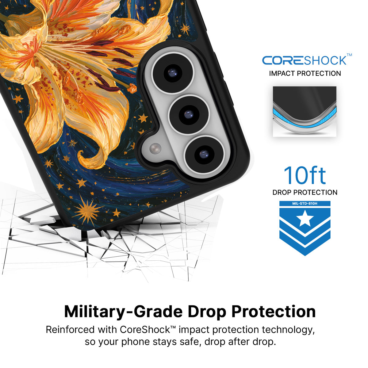Celestial Bloom Samsung Galaxy S26 case with 10ft military-grade drop protection