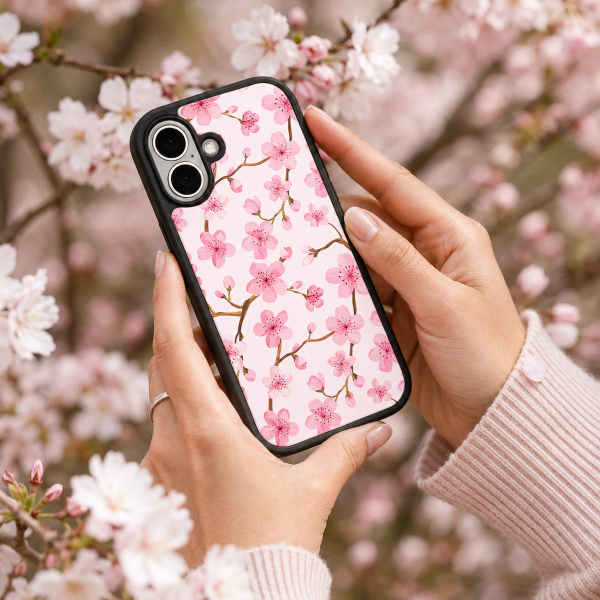 Pink Floral Designer iPhone 16 Case – Cherry Blossom | MagSafe — view 3