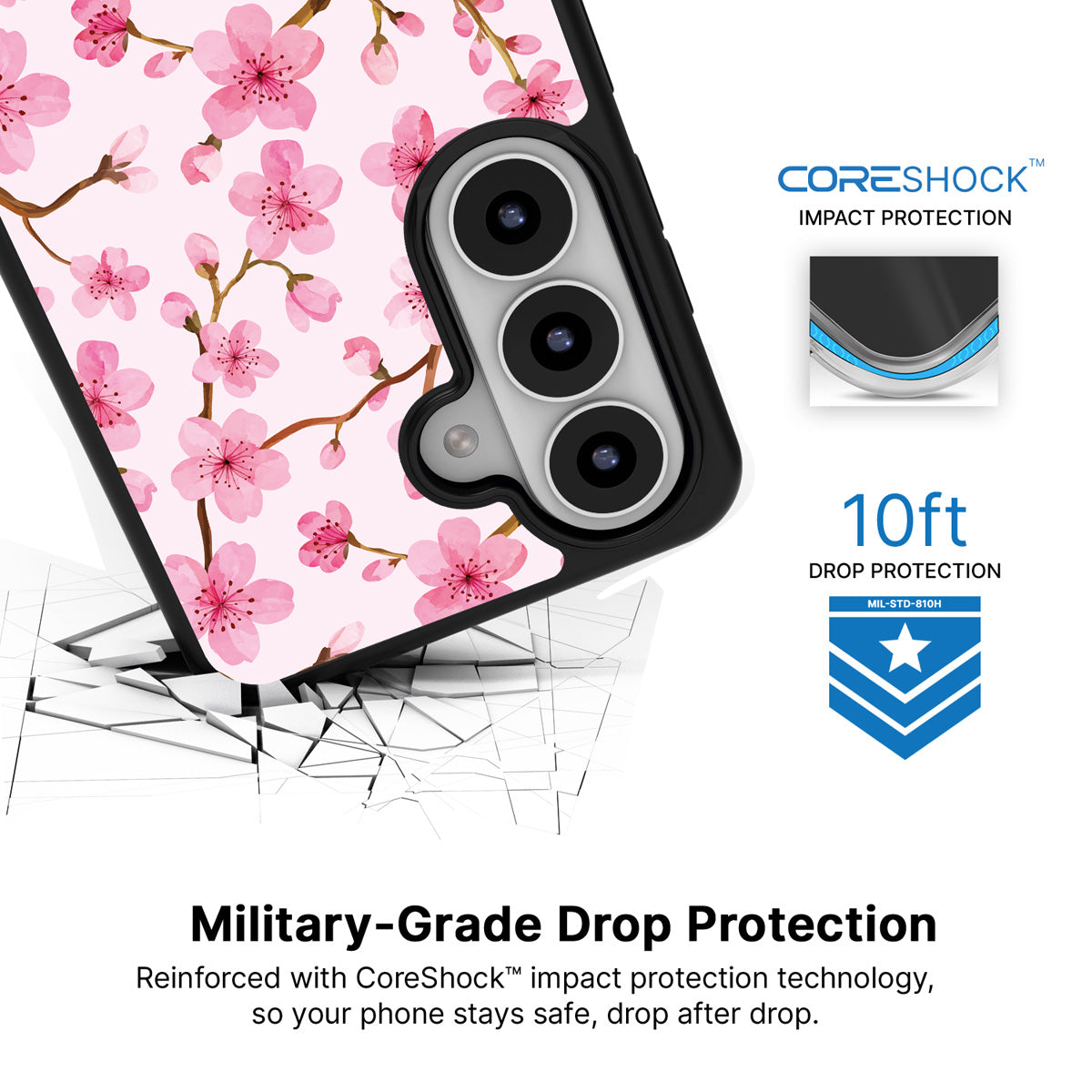 Cherry Blossom Samsung Galaxy S26 Plus case with 10ft military-grade drop protection