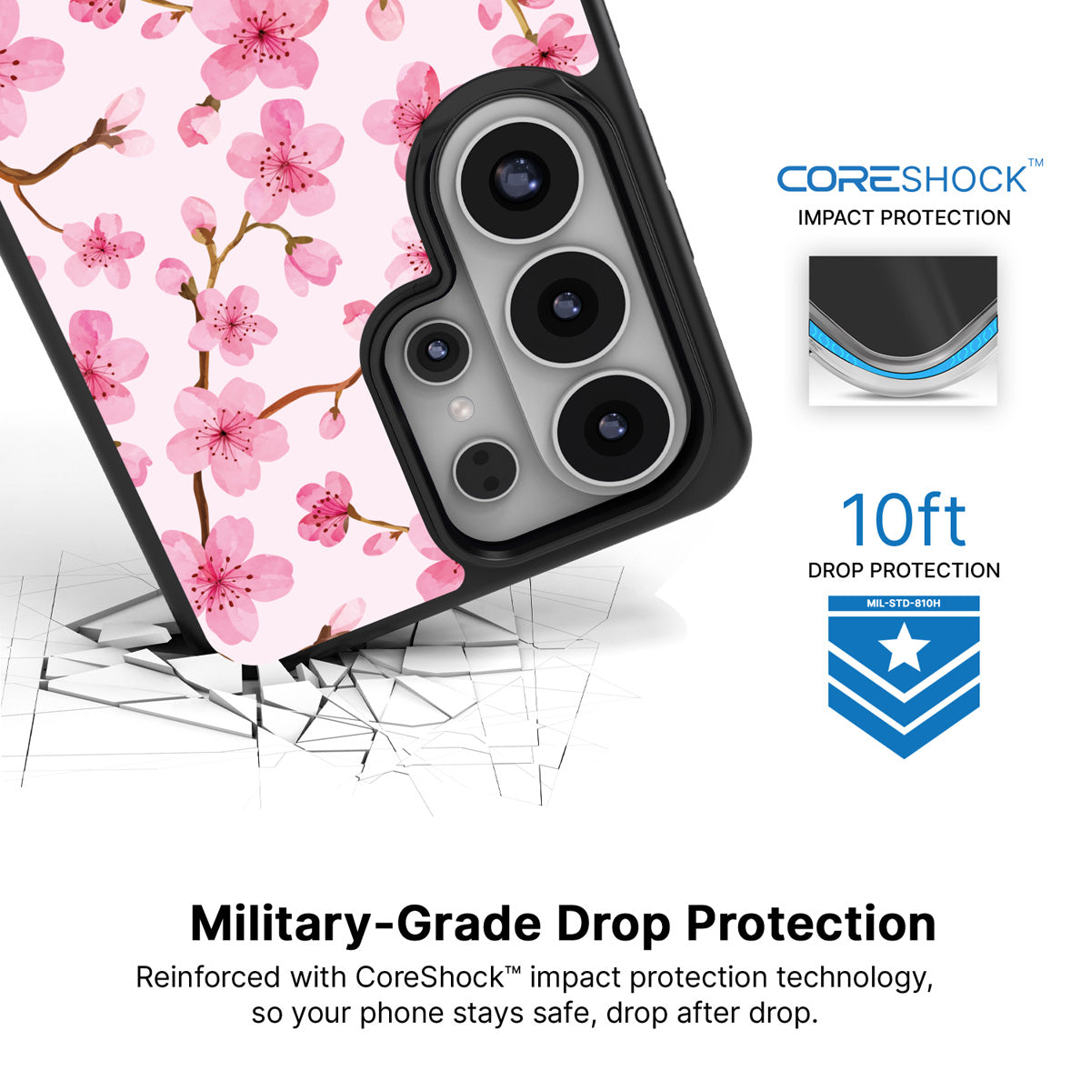 Cherry Blossom Samsung Galaxy S26 Ultra case with 10ft military-grade drop protection