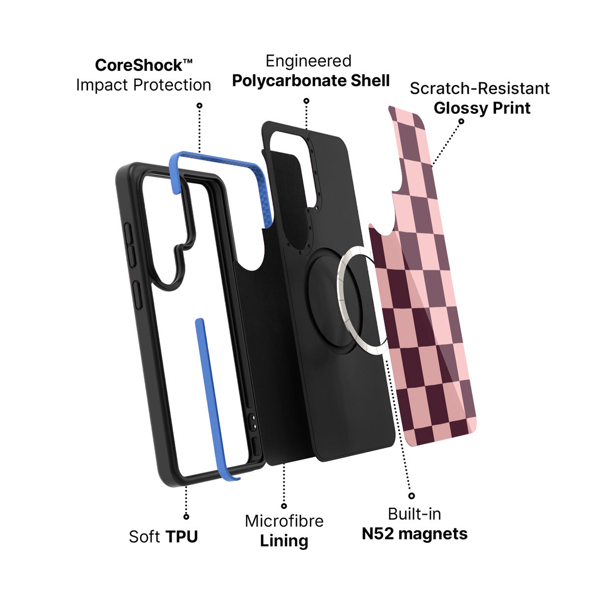 Samsung Galaxy S26 Ultra case construction and features – Claret Tile phone case