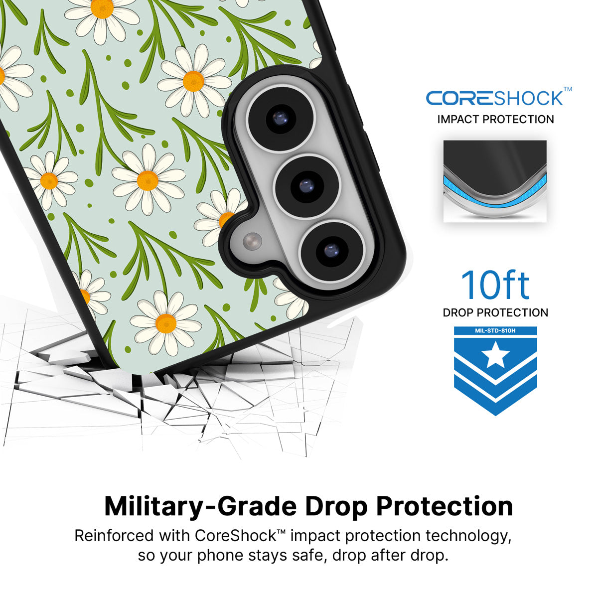 Daisy Flowers Samsung Galaxy S26 case with 10ft military-grade drop protection