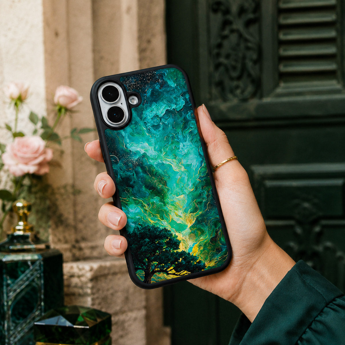 Dark Green Designer iPhone 16 Case – Emerald Storm | MagSafe — view 2