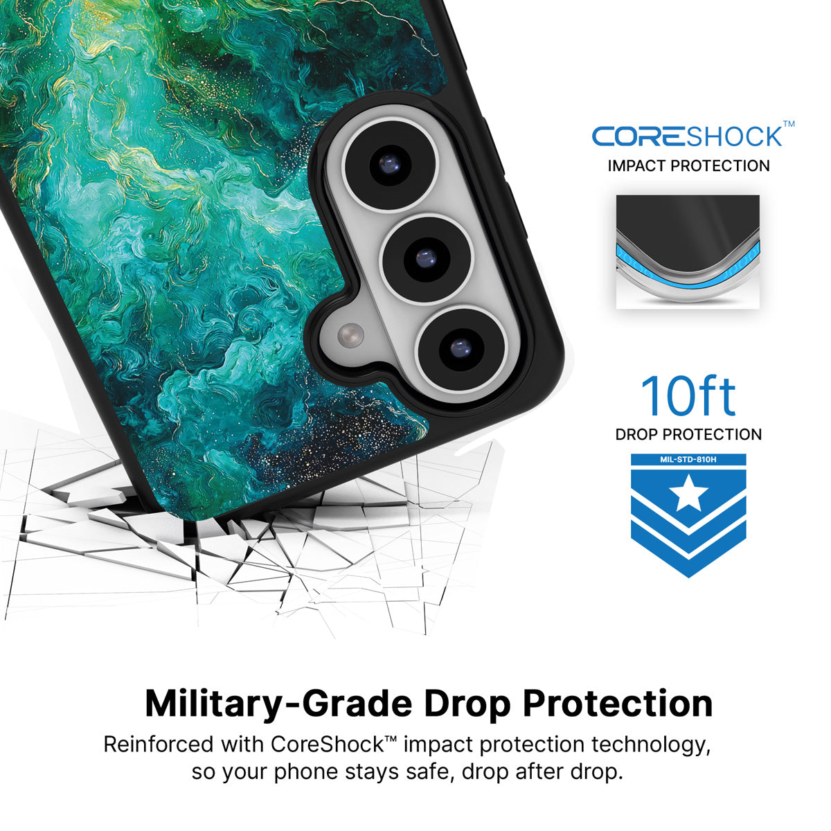 Emerald Storm Samsung Galaxy S26 case with 10ft military-grade drop protection