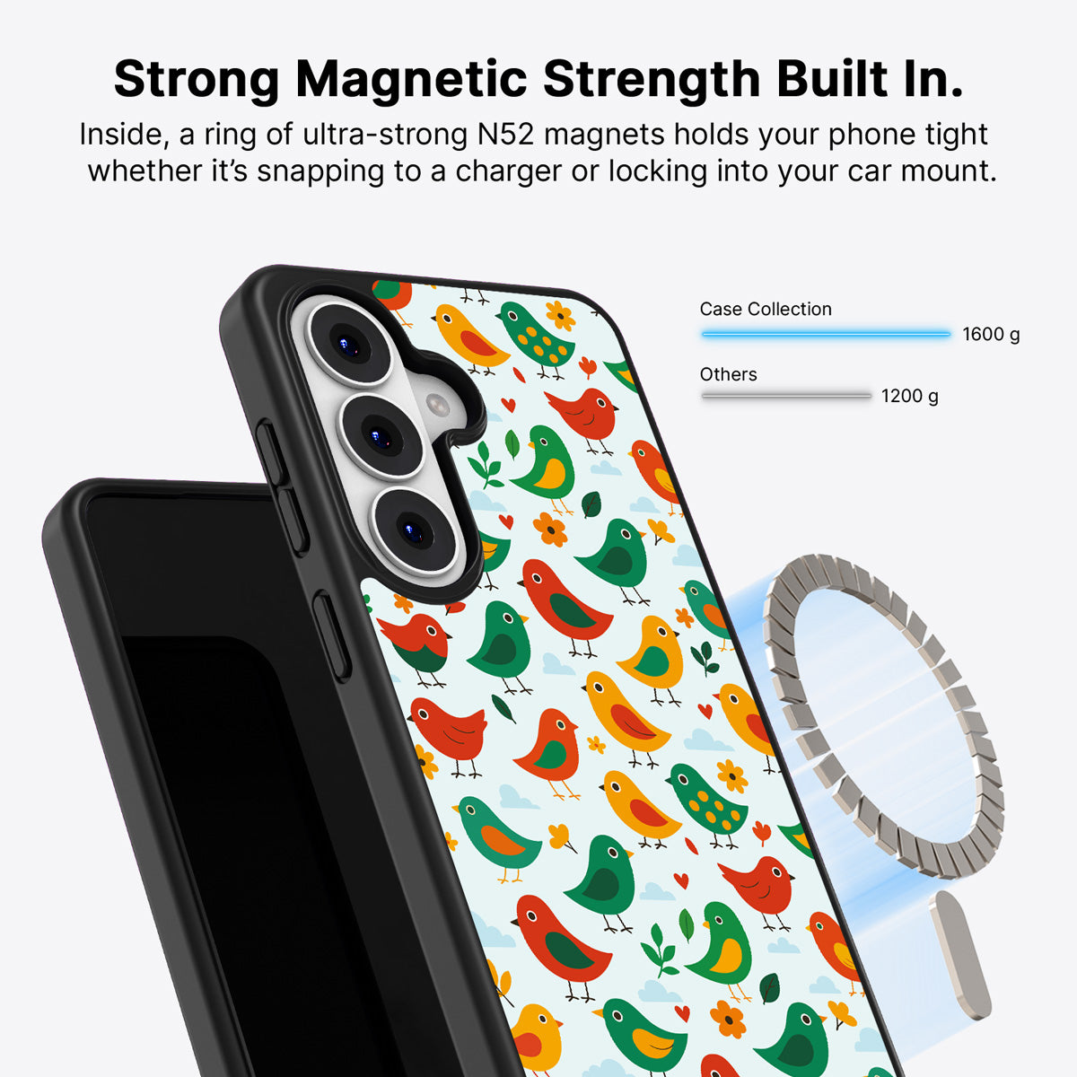 Samsung Galaxy S26 Qi2 magnetic case with N52 magnets – Feathered Friends design