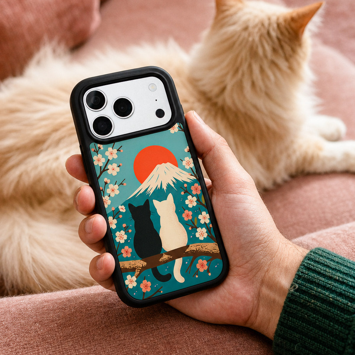 Fuji Cats MagSafe case held in hand – lifestyle view