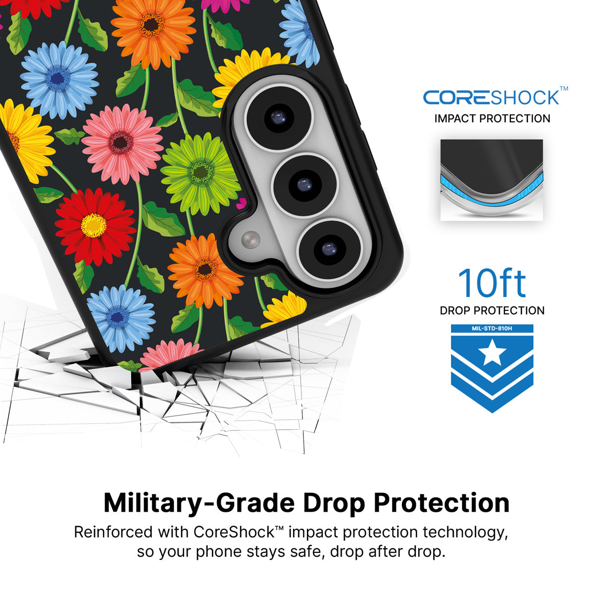 Gerbera Bloom Samsung Galaxy S26 Plus case with 10ft military-grade drop protection