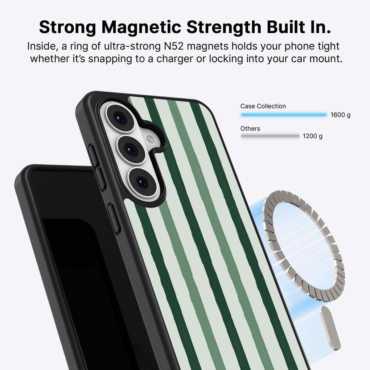 Samsung Galaxy S26 Qi2 magnetic case with N52 magnets – Green Watercolor Stripes design