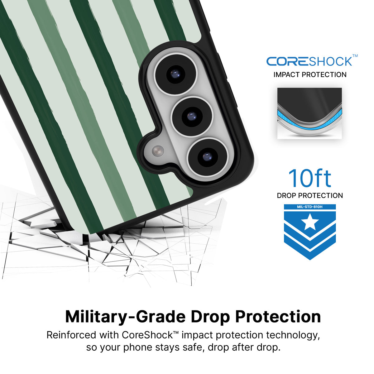 Green Watercolor Stripes Samsung Galaxy S26 Plus case with 10ft military-grade drop protection