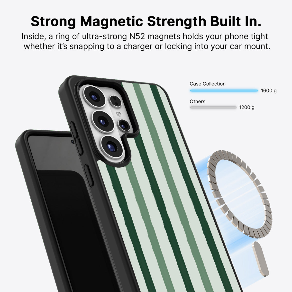 Samsung Galaxy S26 Ultra Qi2 magnetic case with N52 magnets – Green Watercolor Stripes design