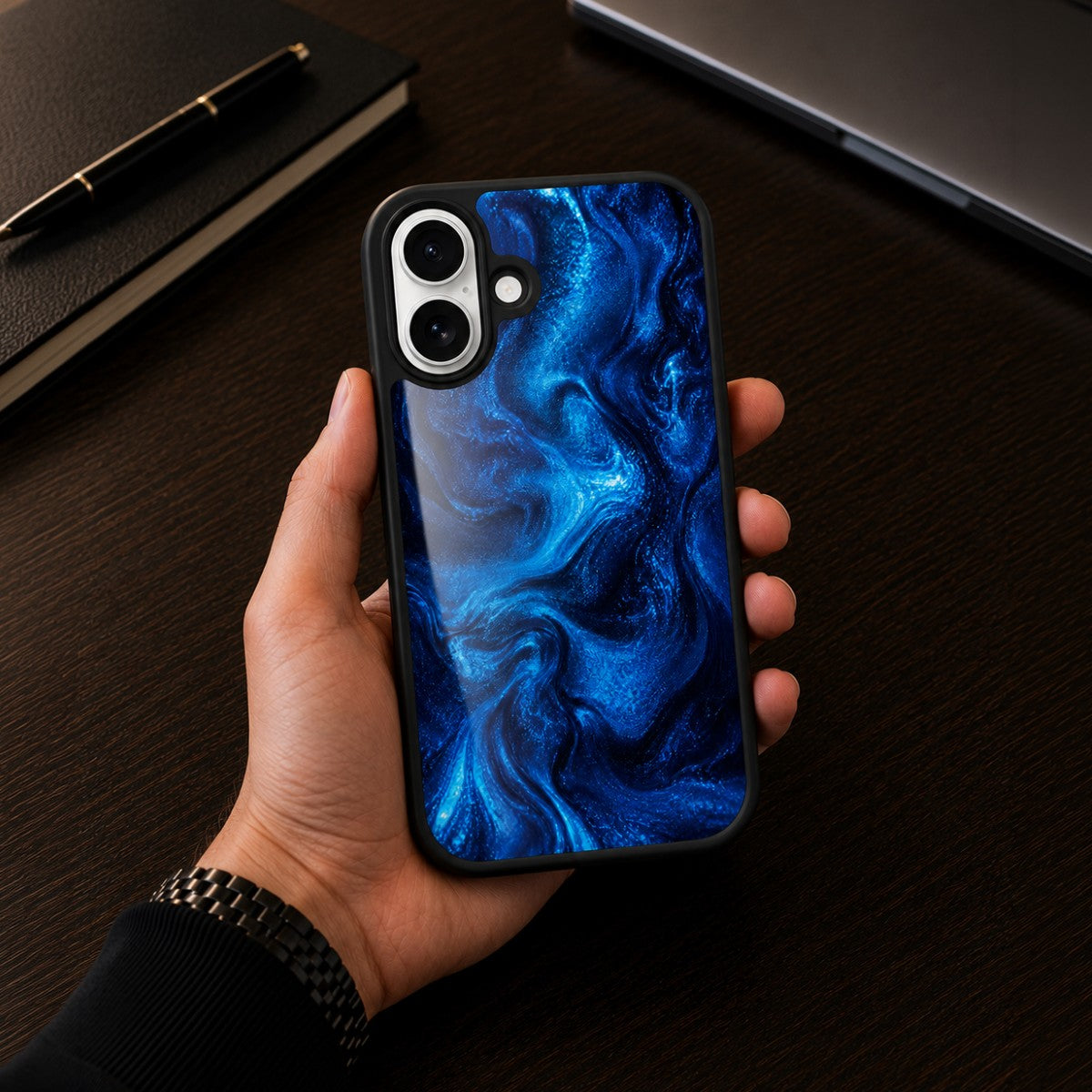 Blue Marble Designer iPhone 16 Case – Indigo Impasto | MagSafe — view 2