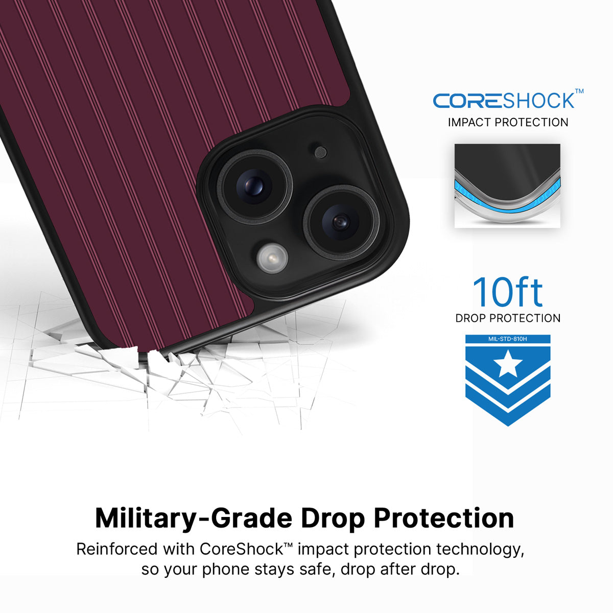 Mulberry Pinstripe iPhone 14 Plus case with drop protection