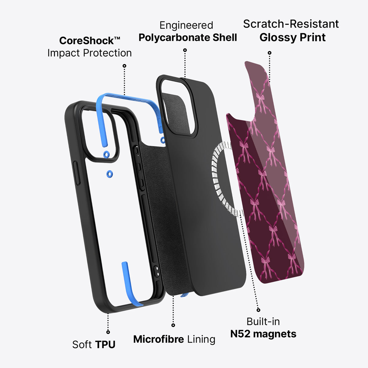 iPhone 14 Pro case construction – Bordeaux Bow phone case