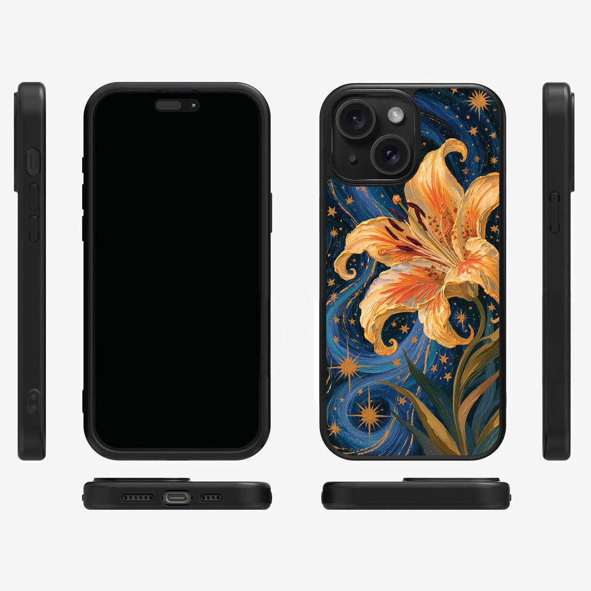 Celestial Bloom iPhone 15 case cover – multi-angle view