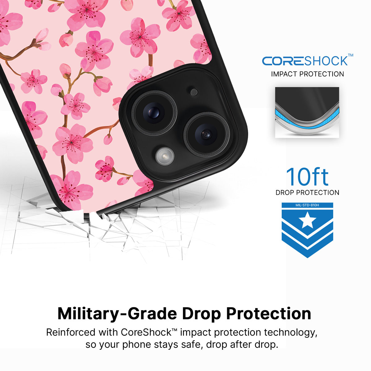 Cherry Blossom iPhone 15 case with drop protection