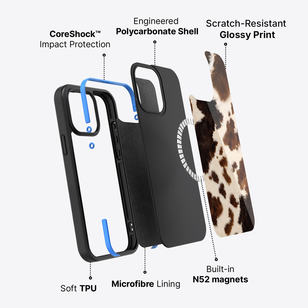Cowhide Designer iPhone 15 Case – Swiss Cow | MagSafe