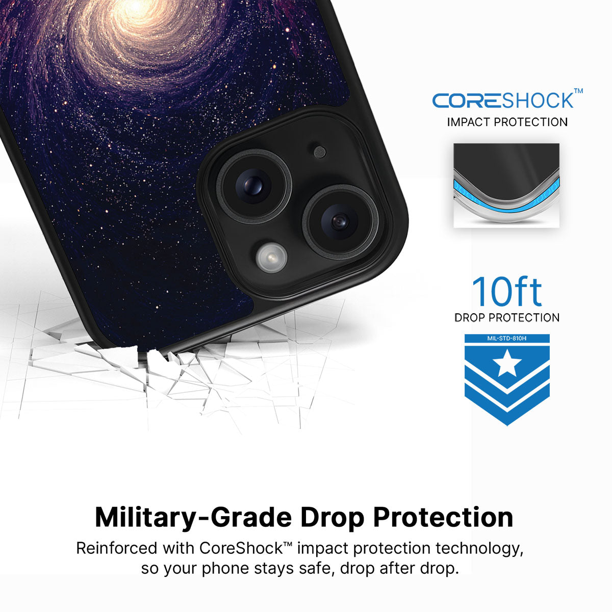 Cosmic Vortex iPhone 15 Plus case with drop protection