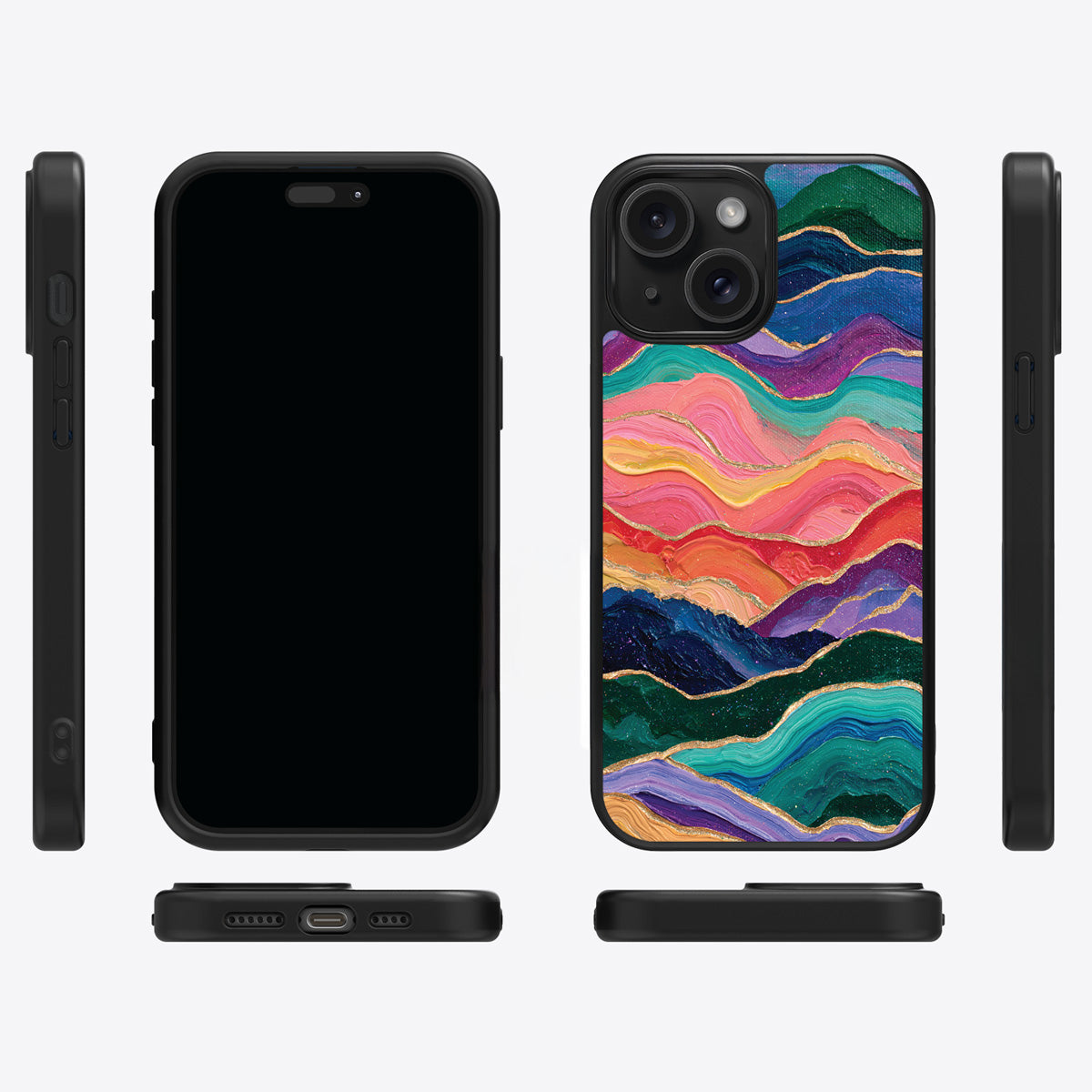 Painted Peaks iPhone 15 Plus case cover – multi-angle view