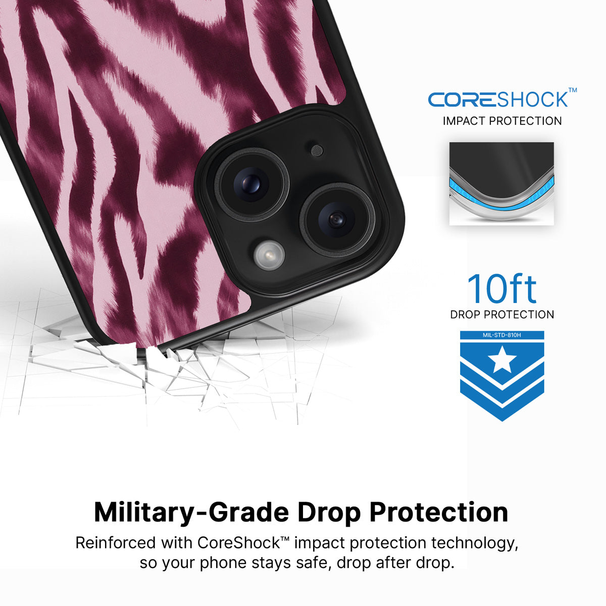Sangria Zebra iPhone 15 Plus case with drop protection