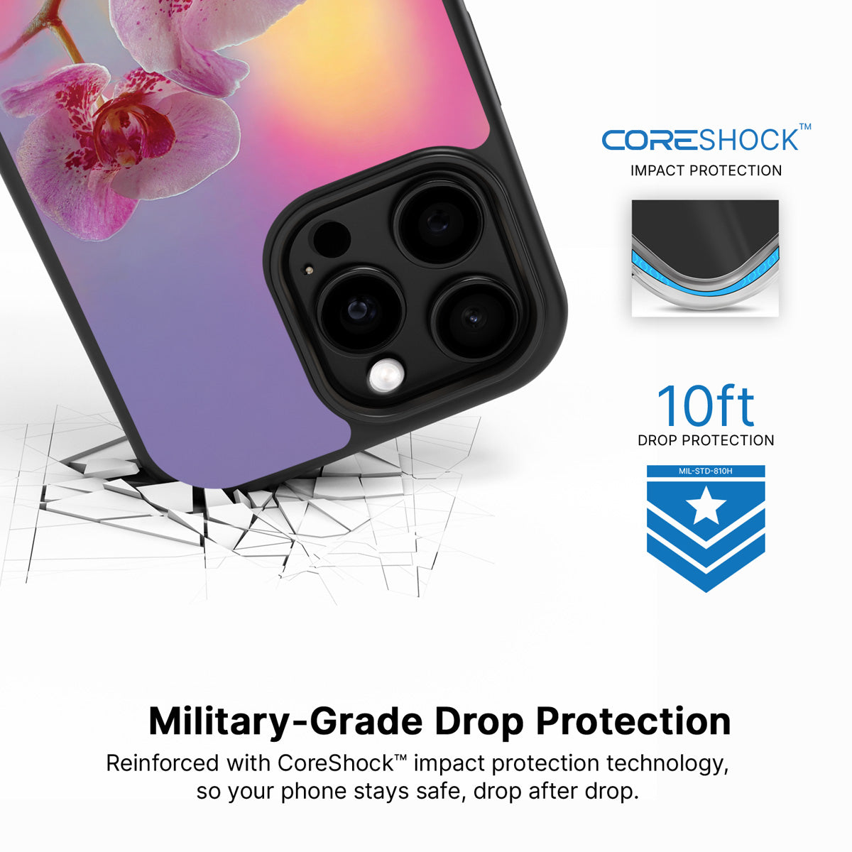 Orchid Dream iPhone 15 Pro case with drop protection