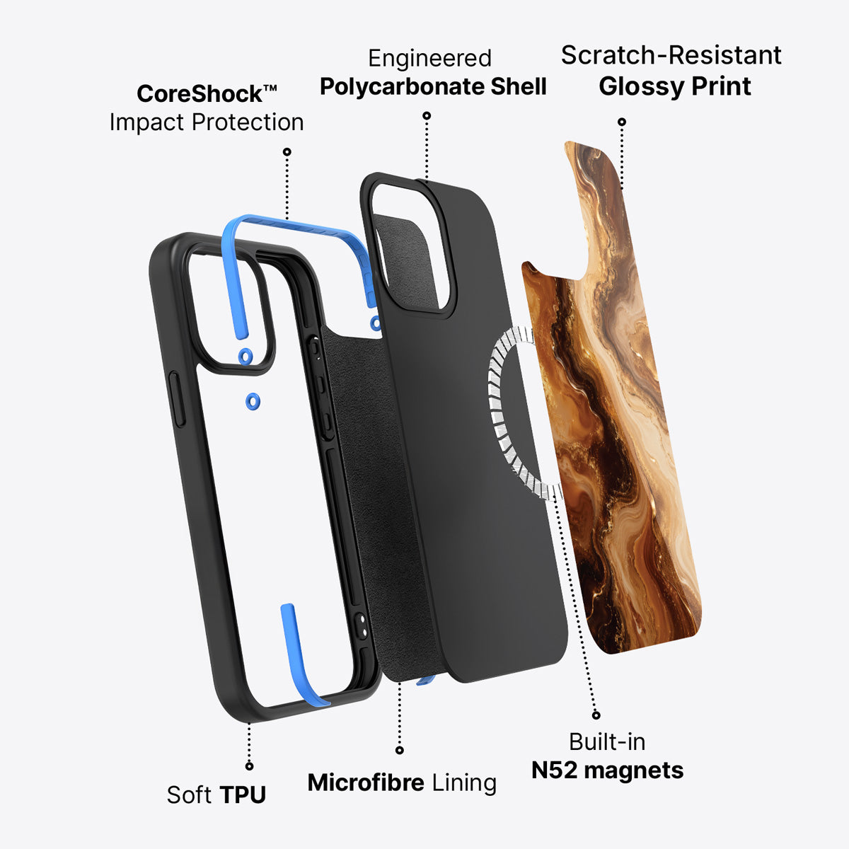 iPhone 15 Pro Max case construction – Caramel Swirl phone case