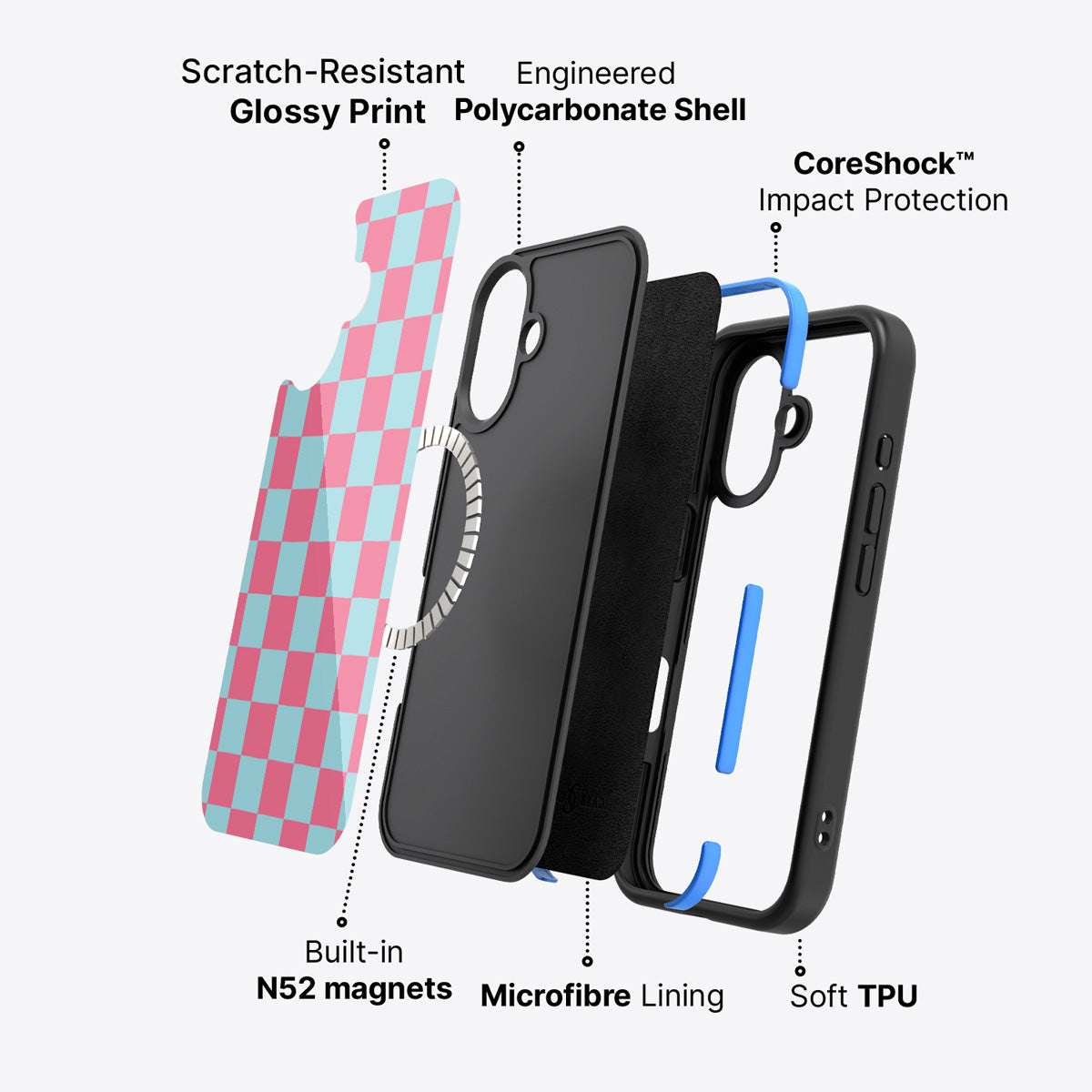 Blue Checkered Designer iPhone 16 Case – Candy Floss | MagSafe — view 3