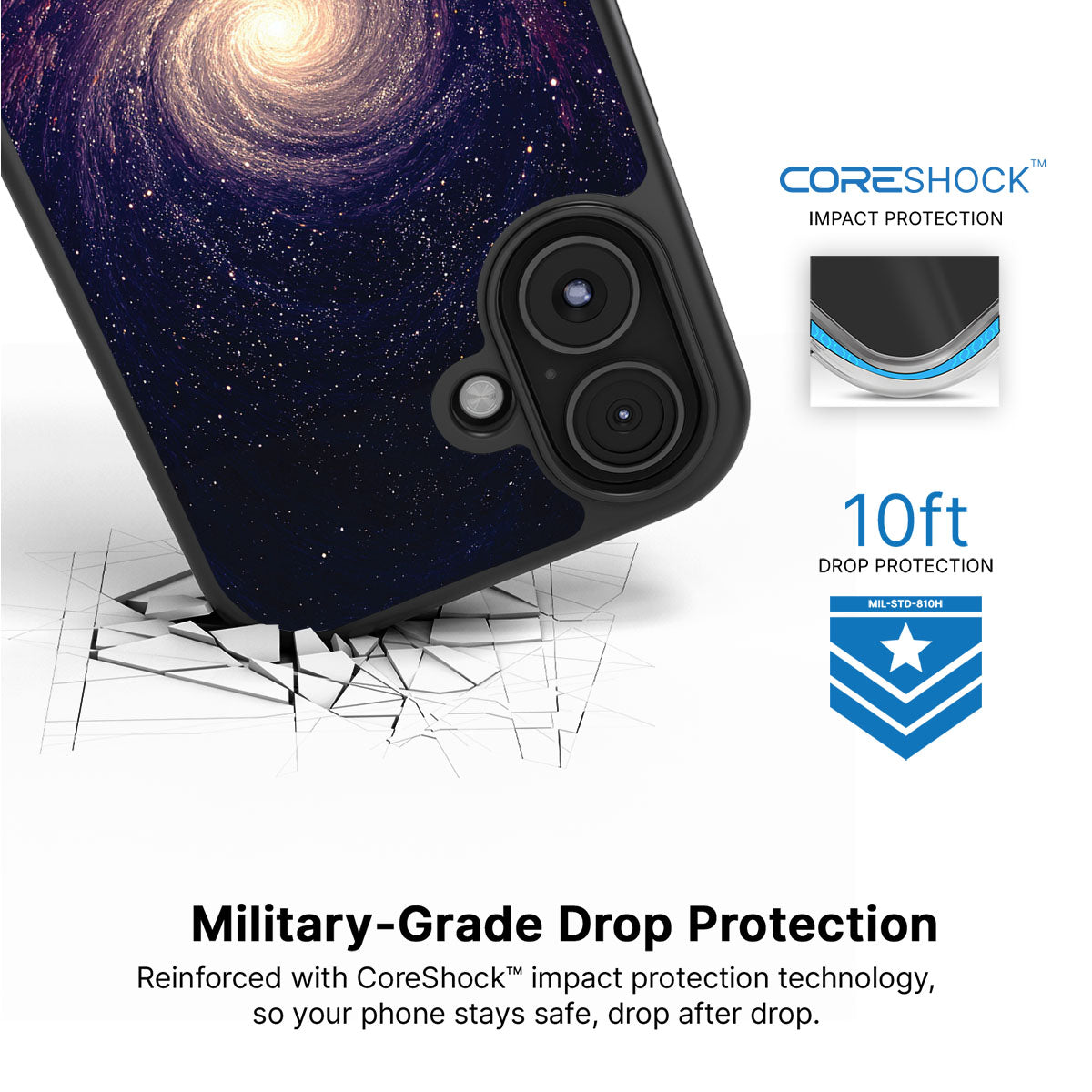 Cosmic Vortex iPhone 16 case with drop protection