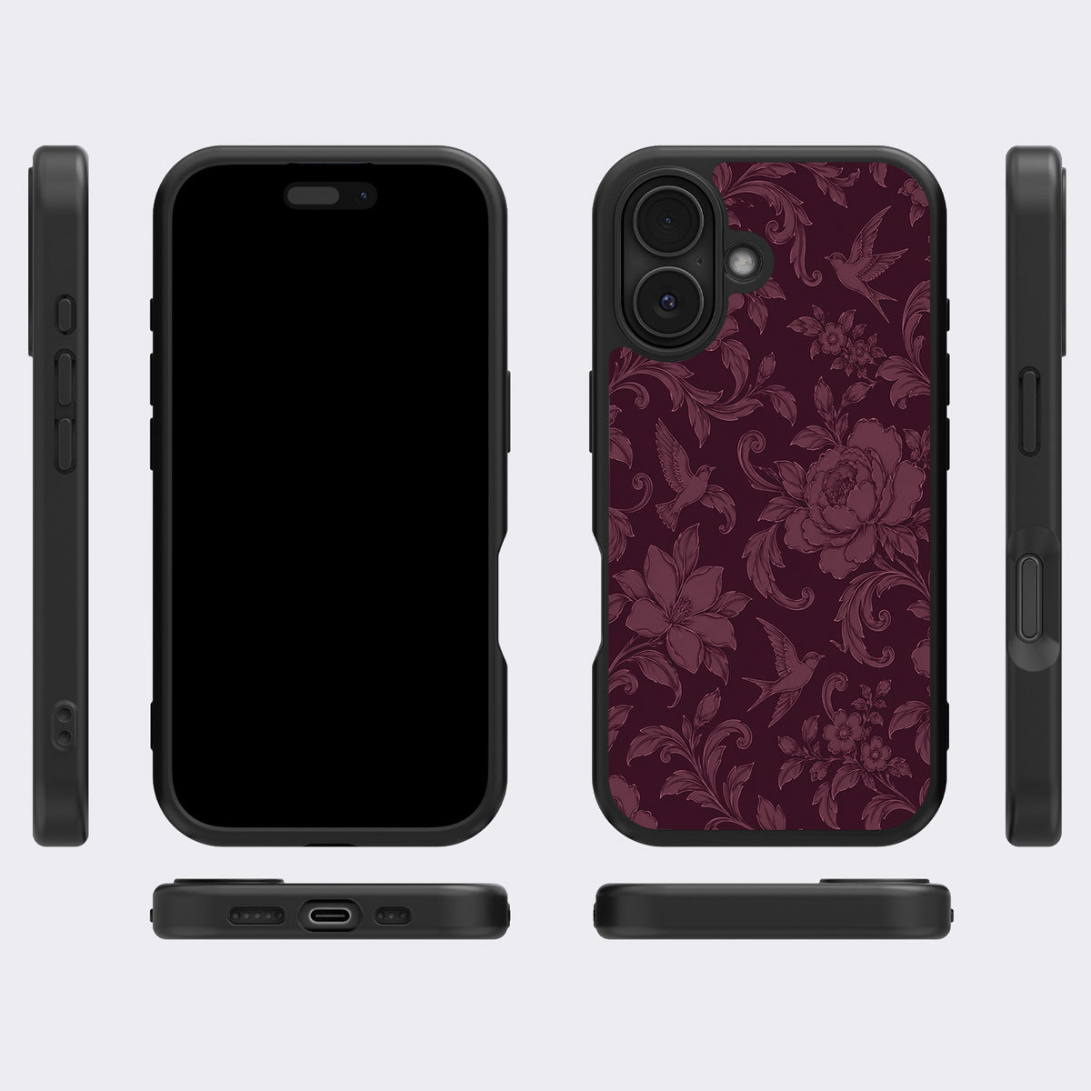 Swallow Damask iPhone 16 case cover – multi-angle view