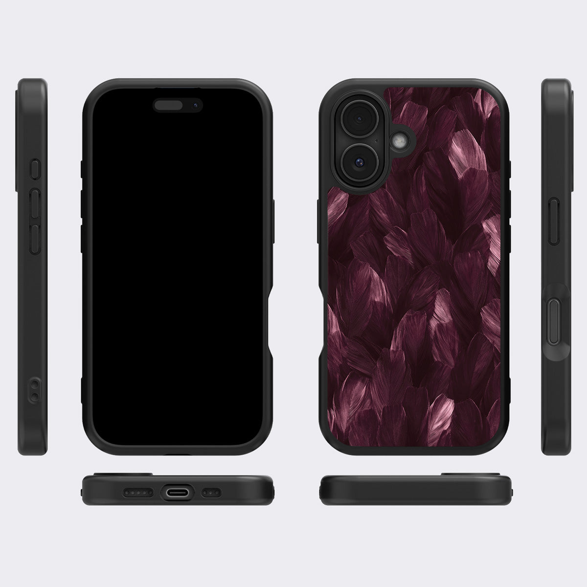 Wine Plumage iPhone 16 case cover – multi-angle view