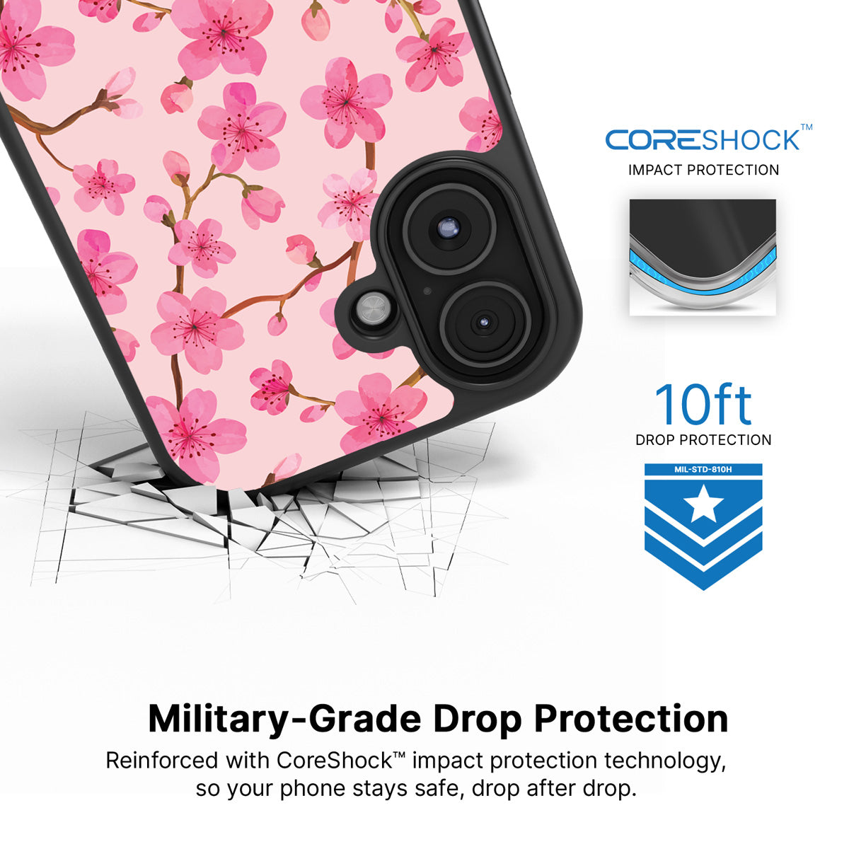 Cherry Blossom iPhone 16 Plus case with drop protection
