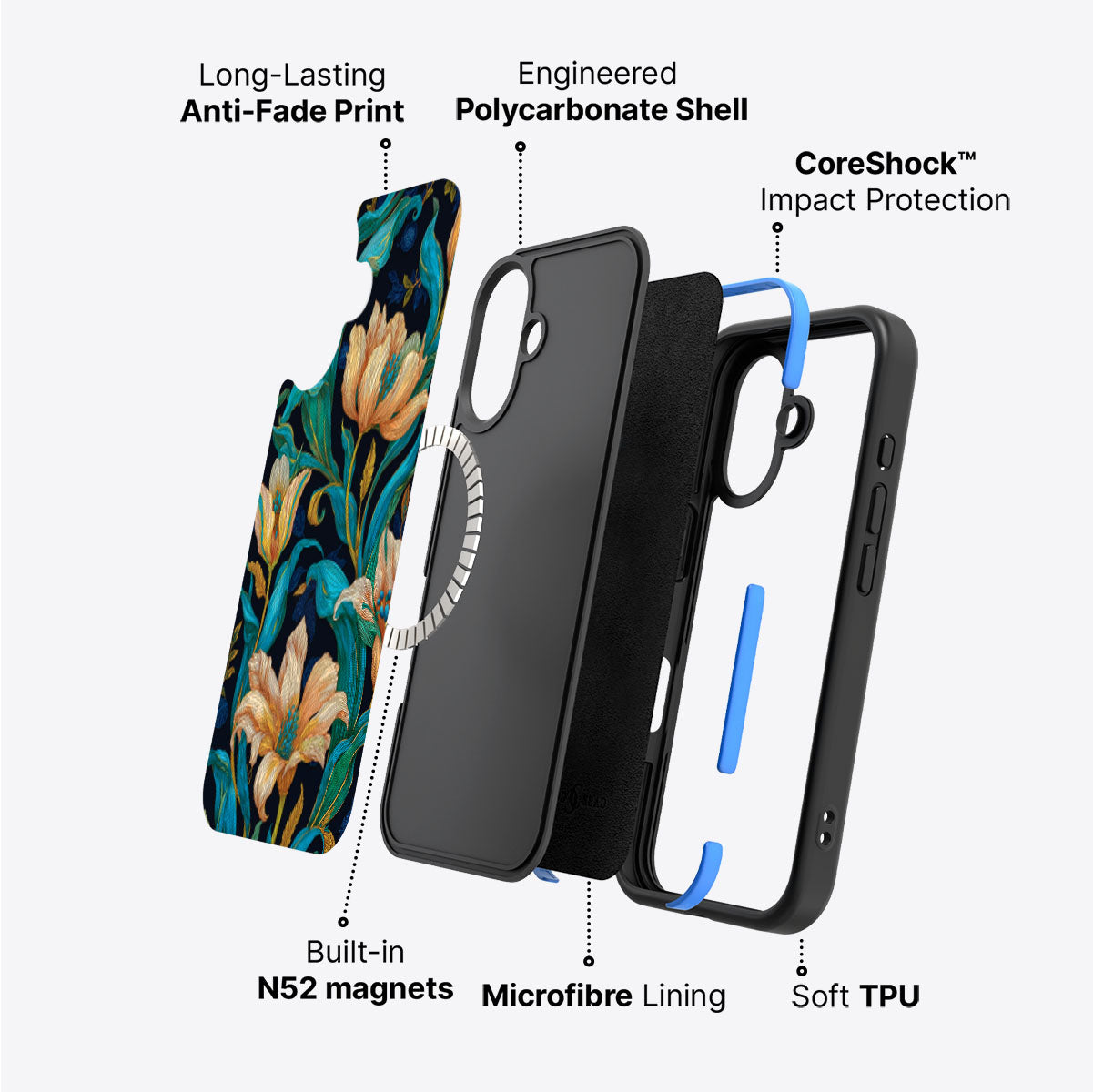 Blue Floral Designer iPhone 16 Plus Case – Tulip Play | MagSafe
