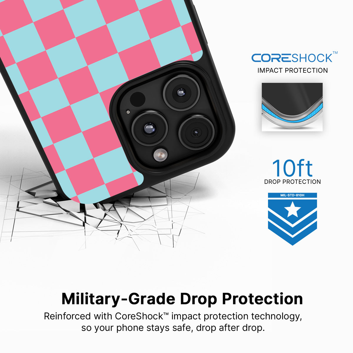 Blue Checkered Designer iPhone 16 Pro Case – Candy Floss | MagSafe