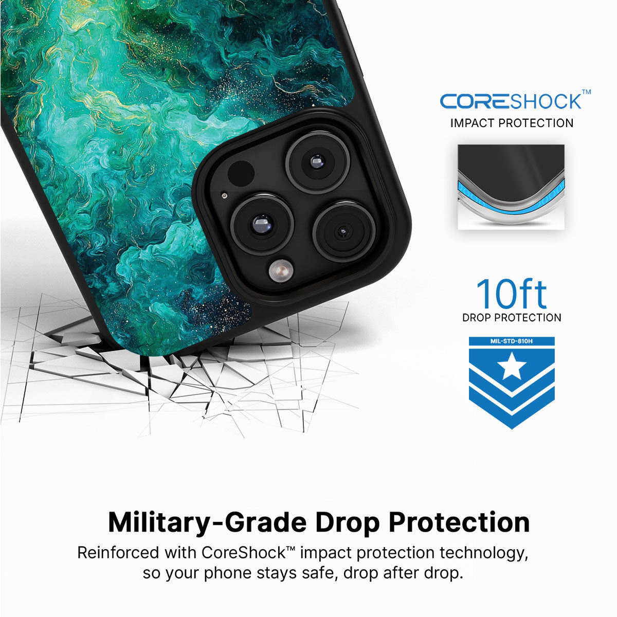 Emerald Storm iPhone 16 Pro case with drop protection