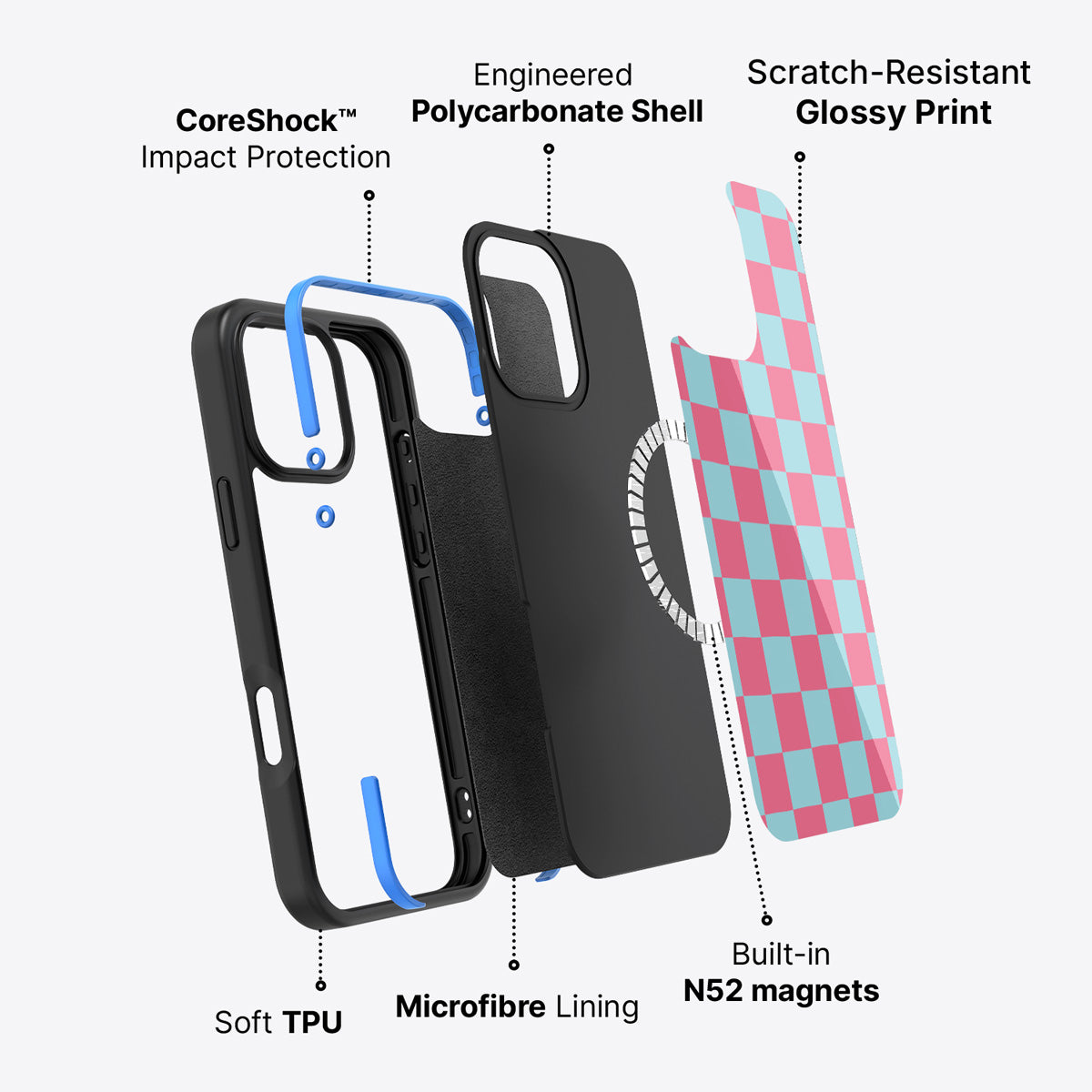Blue Checkered Designer iPhone 16 Pro Max Case – Candy Floss | MagSafe
