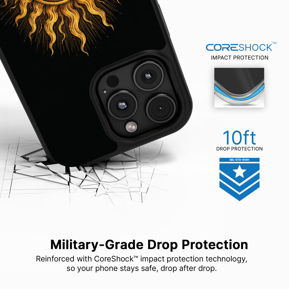 Celestial Sun iPhone 16 Pro Max case with drop protection