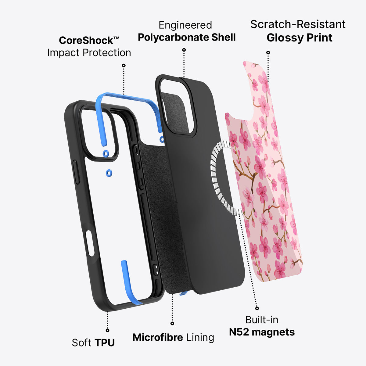iPhone 16 Pro Max case construction – Cherry Blossom phone case