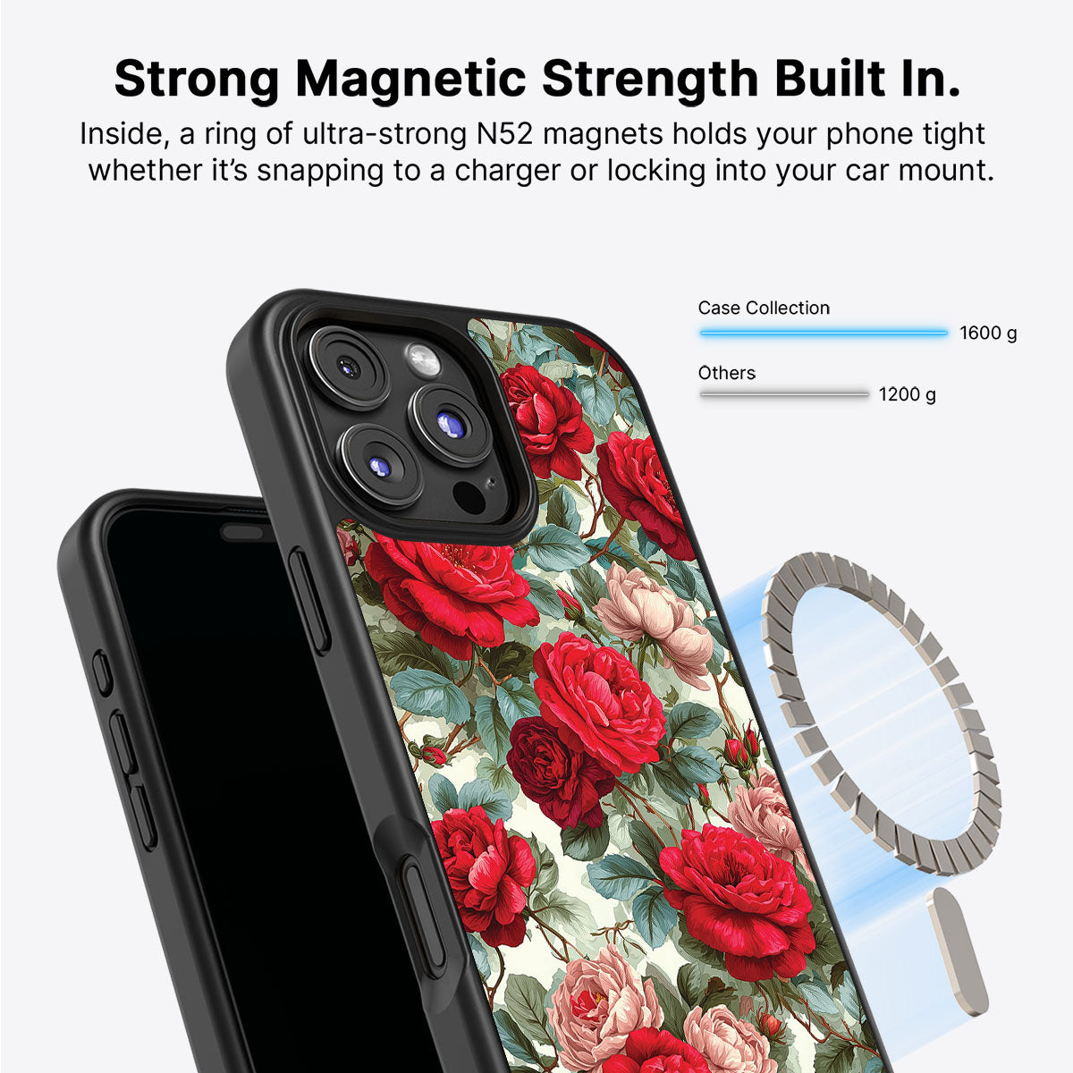 Red Floral Designer iPhone 16 Pro Max Case – Ruby Roses | MagSafe