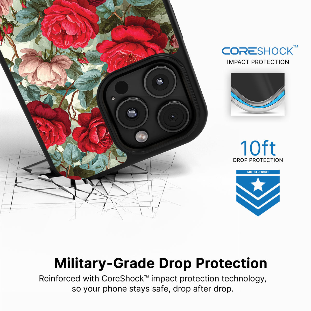 Red Floral Designer iPhone 16 Pro Max Case – Ruby Roses | MagSafe