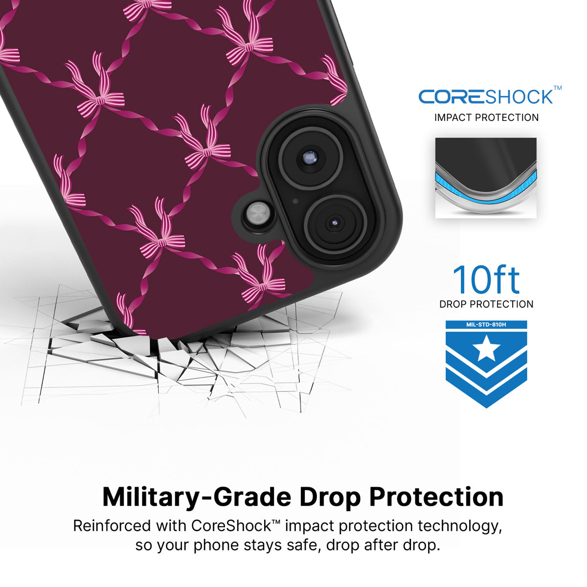 Bordeaux Bow iPhone 17 case with drop protection