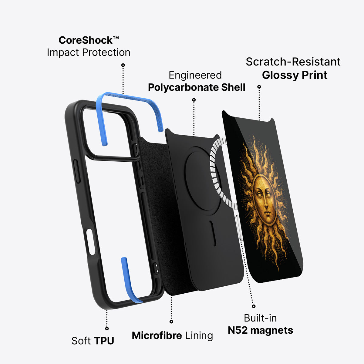 iPhone 17 Pro case construction – Celestial Sun phone case