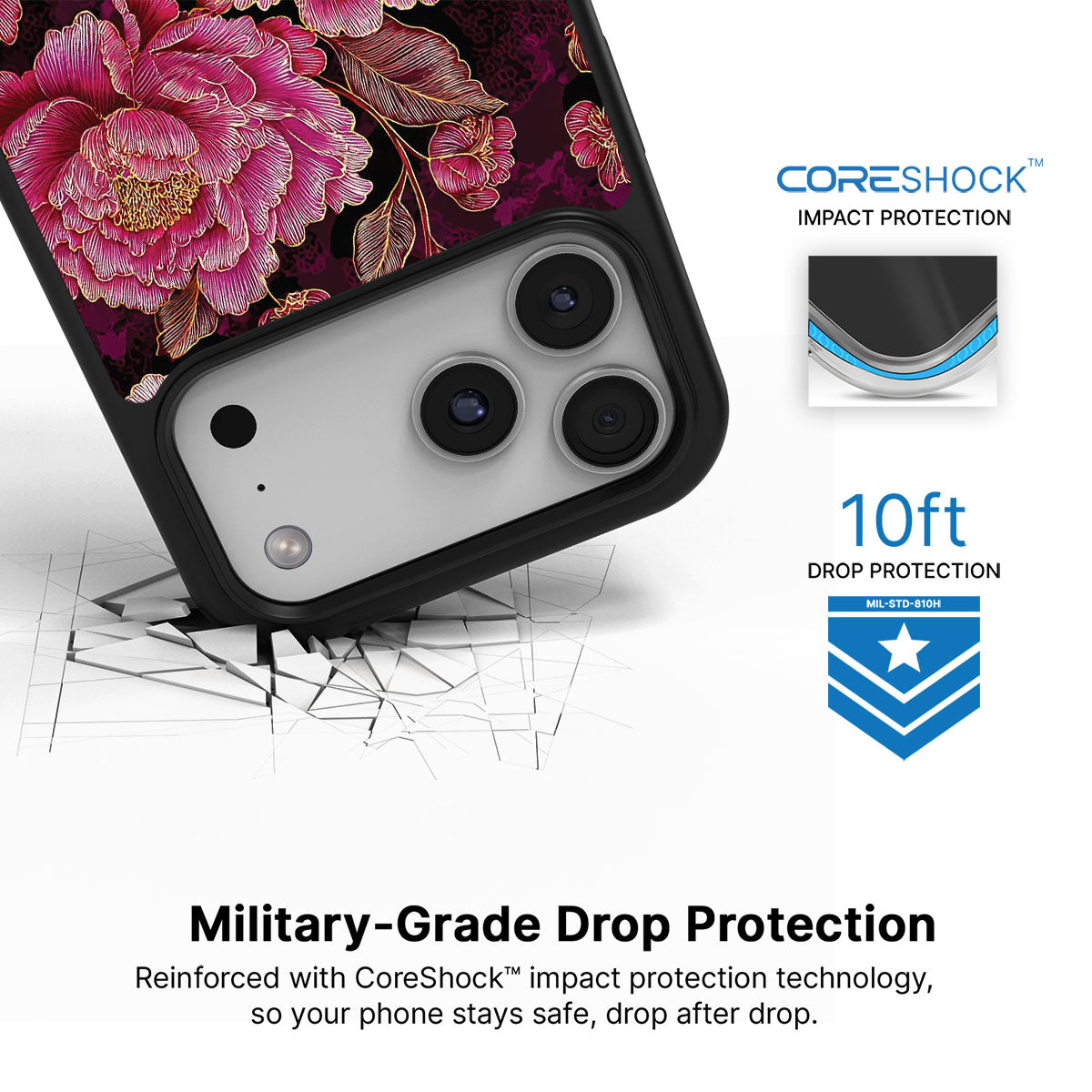 Floral Opulence iPhone 17 Pro case with drop protection