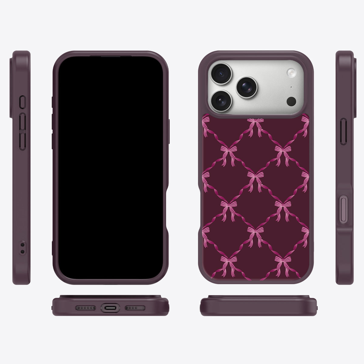 Bordeaux Bow iPhone 17 Pro Max case cover – multi-angle view