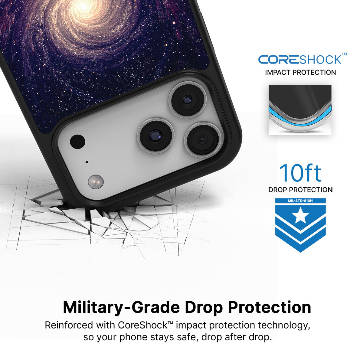 Cosmic Vortex iPhone 17 Pro Max case with drop protection