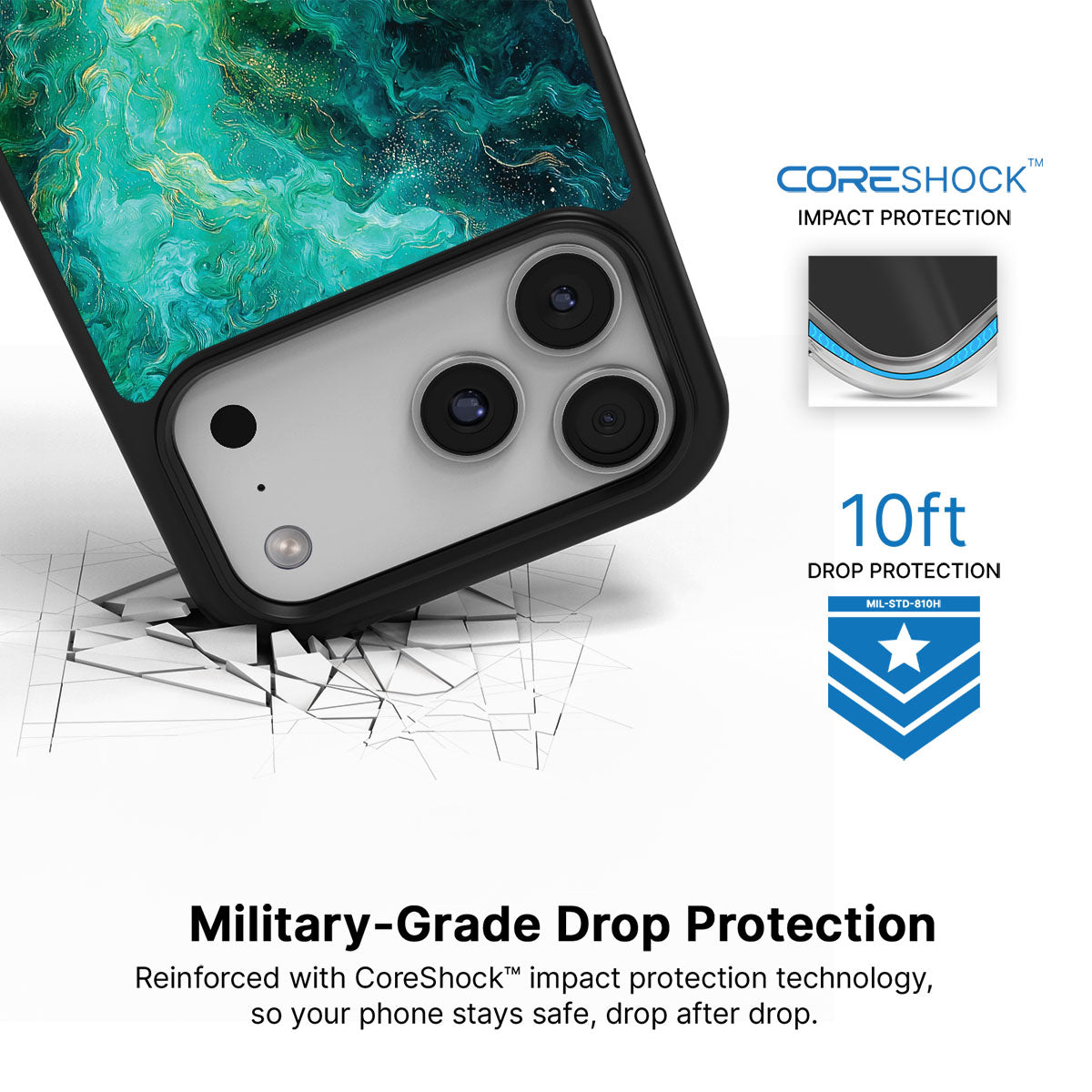 Emerald Storm iPhone 17 Pro Max case with drop protection