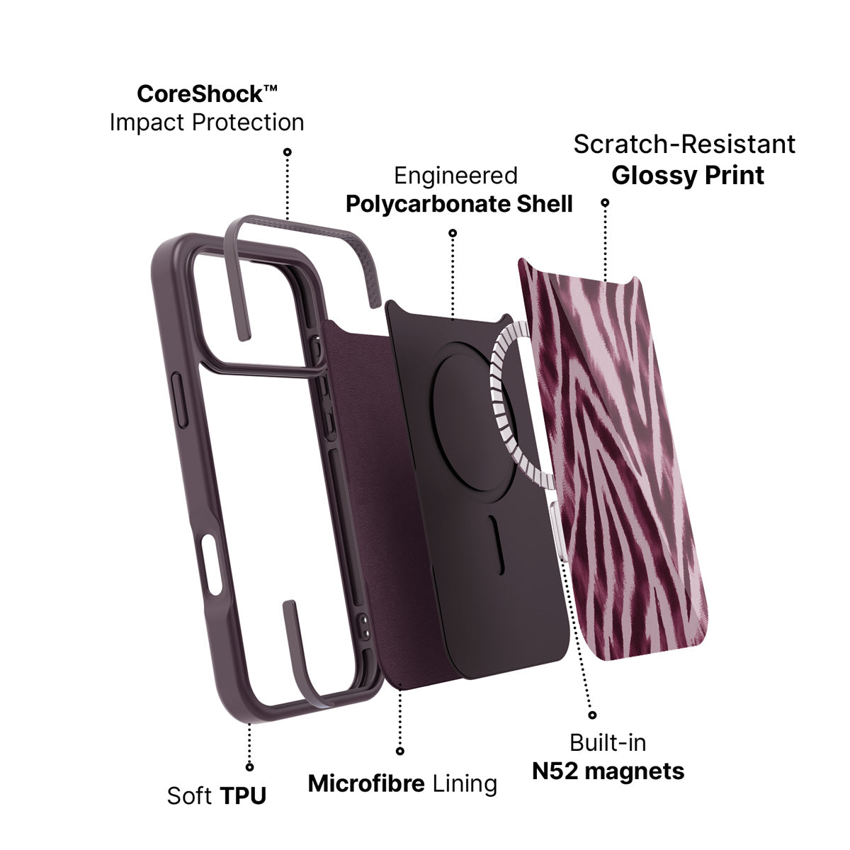 iPhone 17 Pro Max case construction – Sangria Zebra phone case
