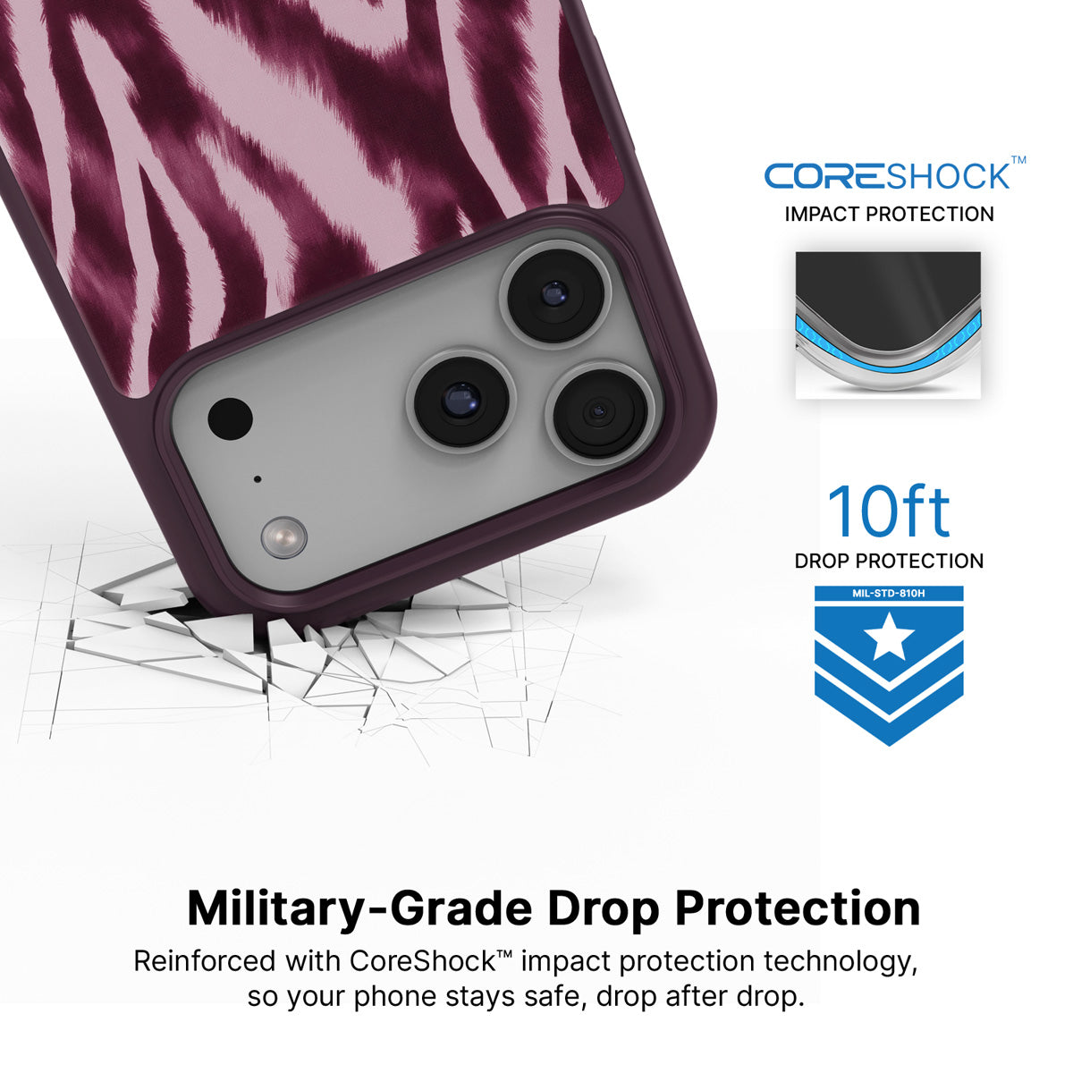 Sangria Zebra iPhone 17 Pro Max case with drop protection
