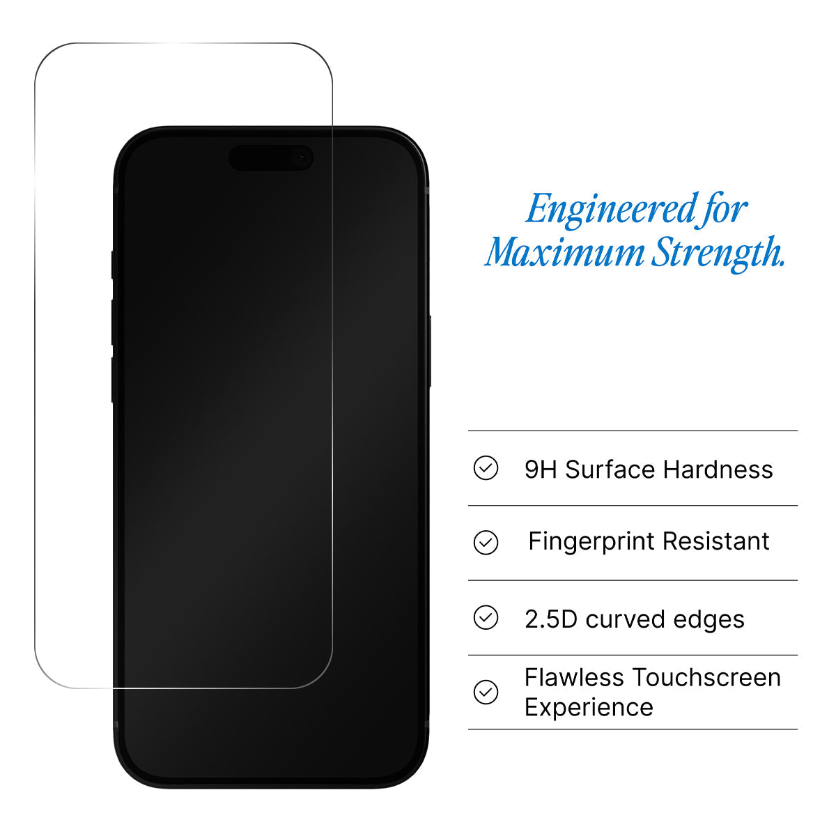 iPhone 18 Pro Max screen protector features – 9H surface hardness, fingerprint resistant, 2.5D curved edges, flawless touchscreen