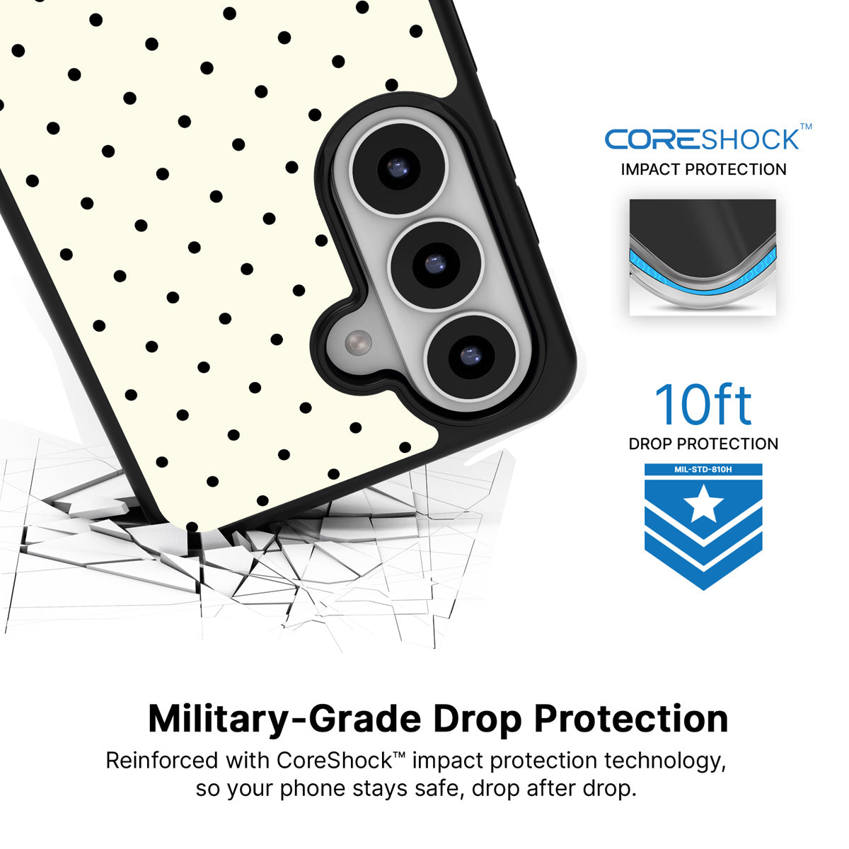 Ivory Sprinkle Samsung Galaxy S26 case with 10ft military-grade drop protection